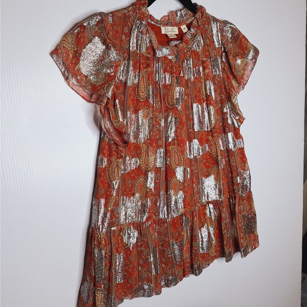 Anthropologie Let Me Be Vanna Shimmer Paisley Top Flutter Sleeve Pleated Medium - Picture 3 of 11